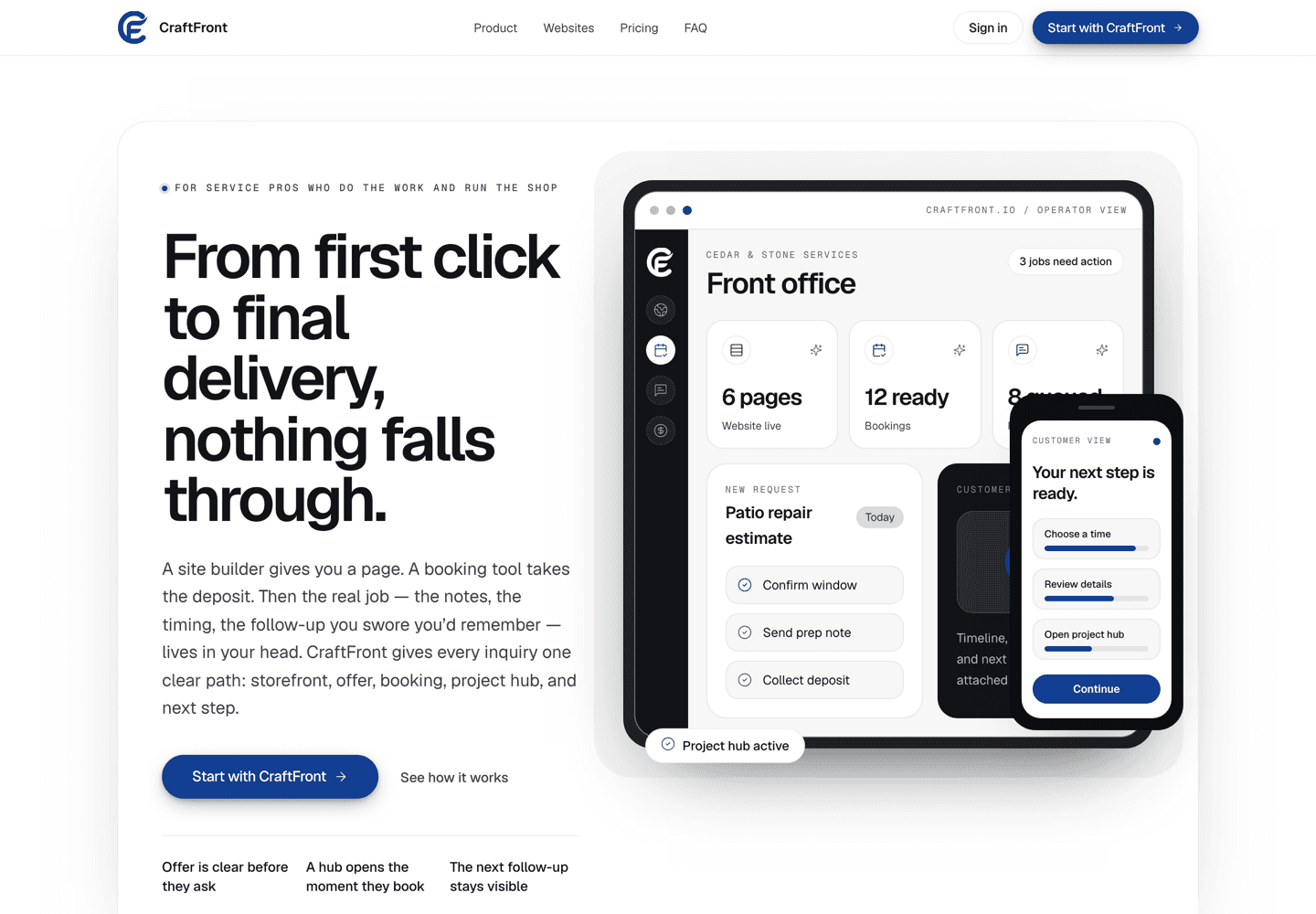 CraftFront homepage showing a front-office dashboard for a service business.