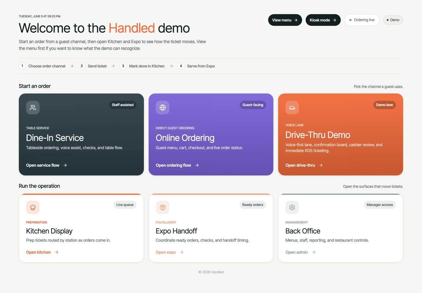 Handled restaurant demo showing dine-in service, online ordering, drive-thru, kitchen display, expo handoff, and back office.